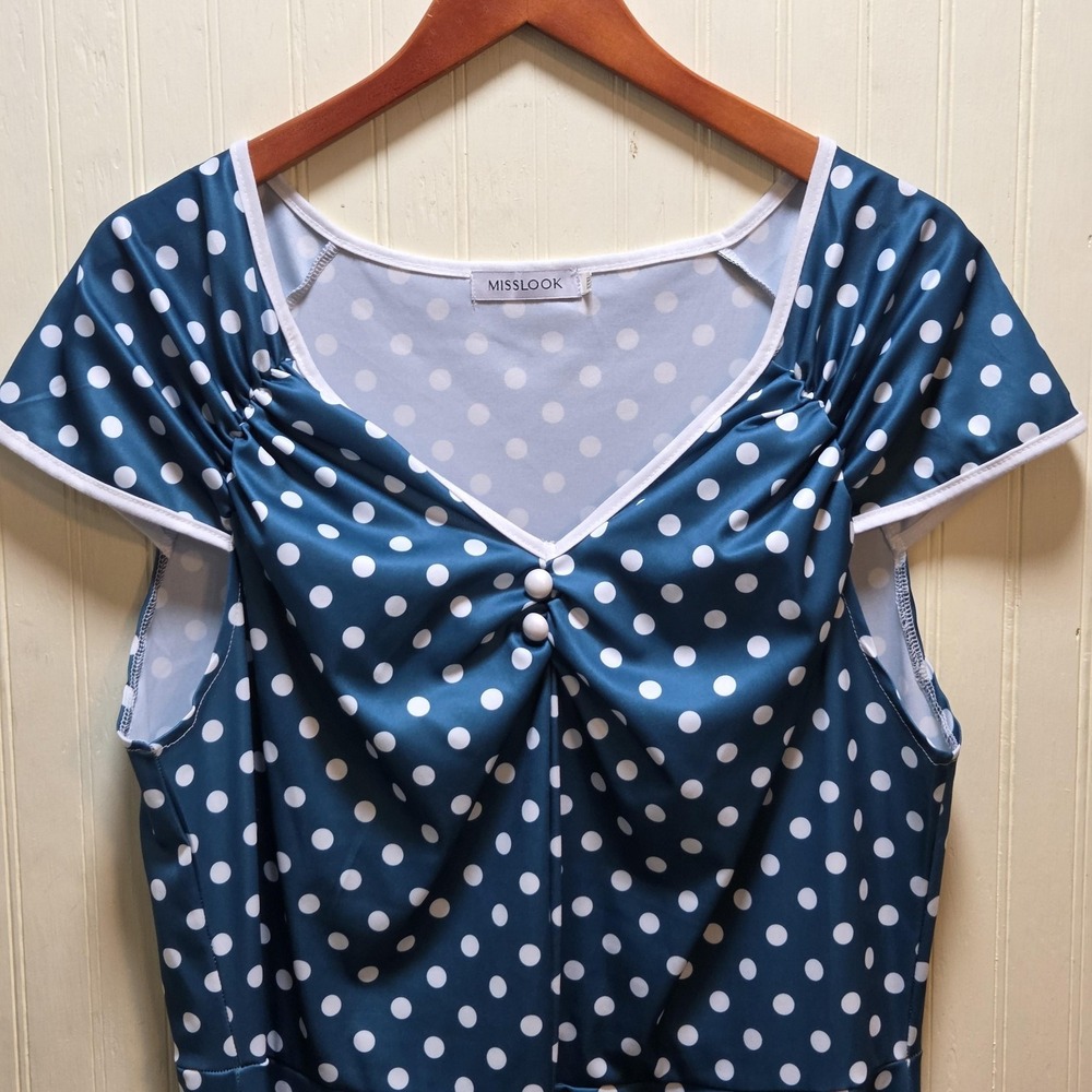 MISLOOK Dress Womens 3XL Blue Polka Dot‎ V Neck Ruched Fit & Flare Midi Casual